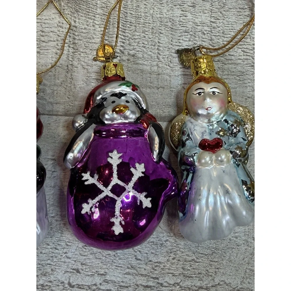 Kurt Adler Glass Christmas Ornaments Lot of 6 Penguin Angel Taxi Nutcracker